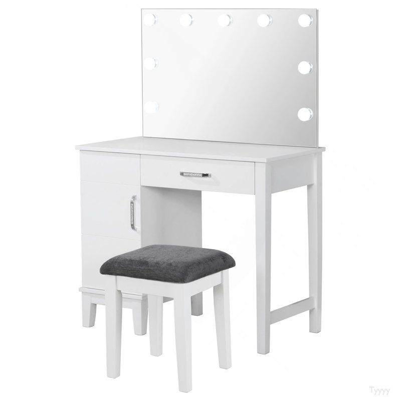 Ensemble coiffeuse Elijah blanc et gris foncé avec éclairage et tabouret