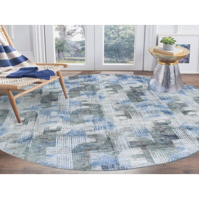 Tapis oriental rond en laine et soie bleu noué à la main 12 pi 0 po x 12 pi 0 po - MOA10259491