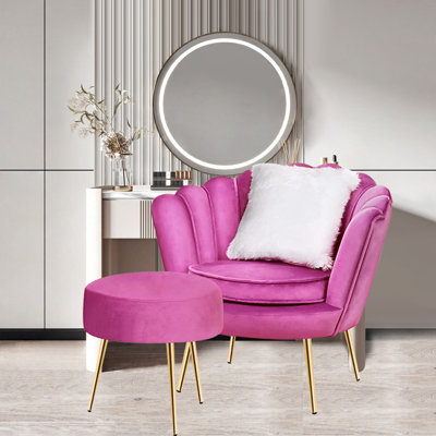 30" Wide Scalloped Tufted Velvet Barrel Chair with Ottoman and Pillow