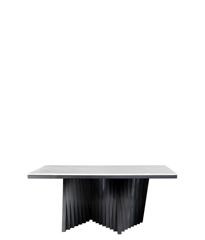 Waterfall Modern Rectangular Marble Dining Table Set with Sculptural Base and 8 Woven Chairs – 9-Piece Contemporary Dining Room Set