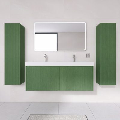 48" Floating Bathroom Vanity Set with Acrylic Top & Two Side Cabinets | Fluted Wood, Soft-Close Storage & U-Shaped Plumbing
