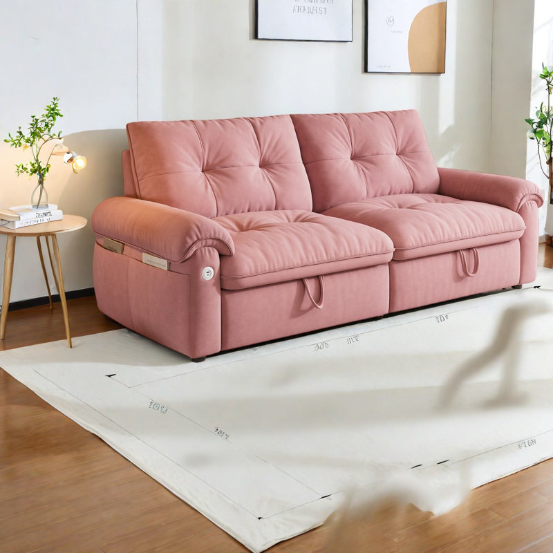 de canapé-lit convertible de 3 pouces, revêtement en flanelle de coton rose, salon moderne essentiel
