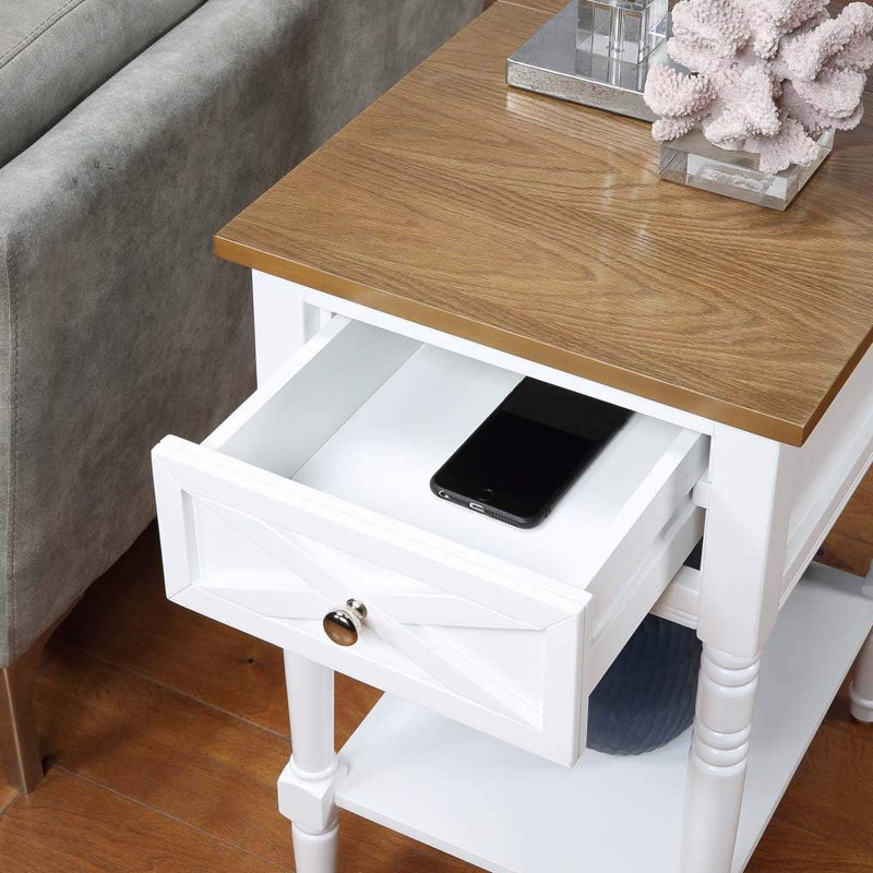 Country Oxford End Table With Built-In Charging Station, Dual Outlets, USB Ports, And Extended Power Cord