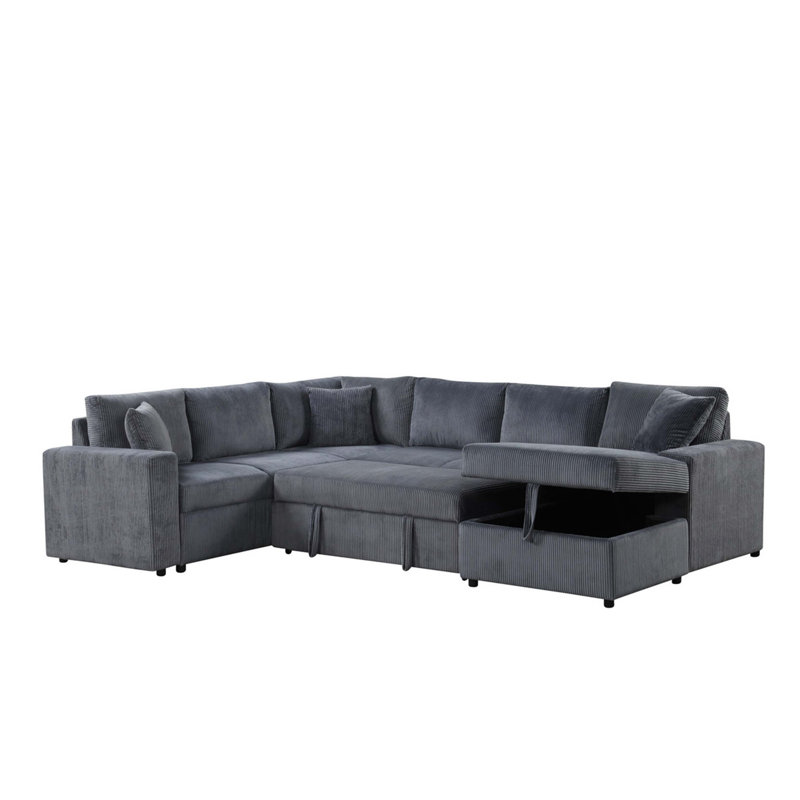 123"W Corduroy Sleeper Sectional Sofa With Right-Facing Storage Chaise And Throw Pillows, Gray Corduroy