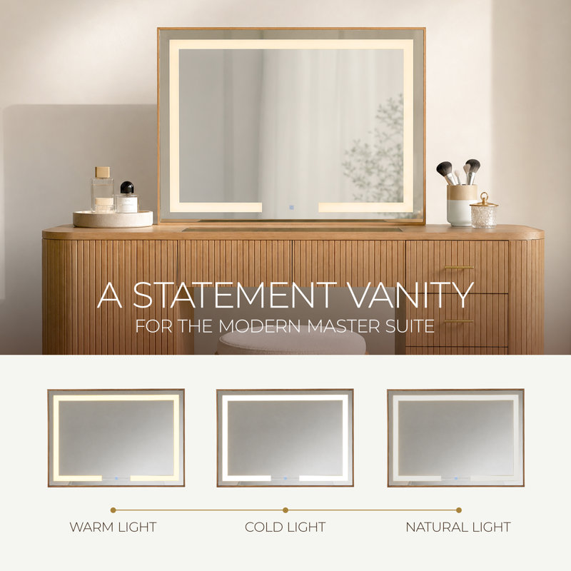 43"W Rectangle LED Lighting Solid Wood Mirror With Power Socket