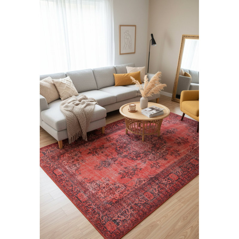 Tapis rouge à motif tissé rétro, Rectangle 3 pi 10 po x 5 pi 3 po