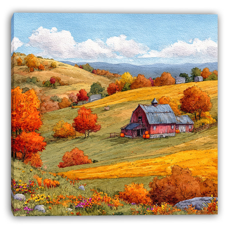 «Red Barn and Autumn Meadow», art mural sur toile tendue, H 20 po x l 20 po