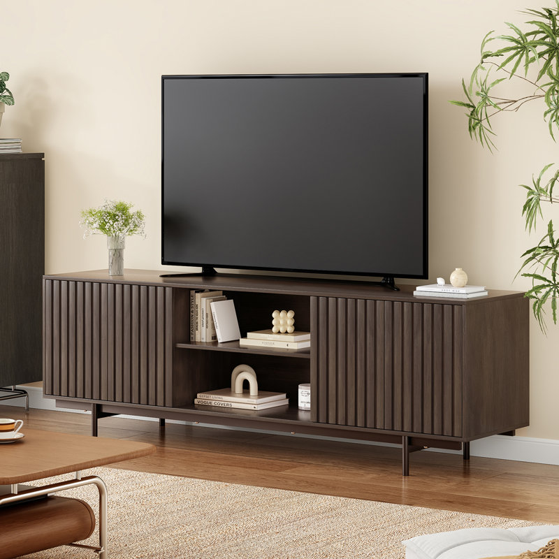 Mid Century Storage TV Stand For Tvs Up To 75", Brown Wood