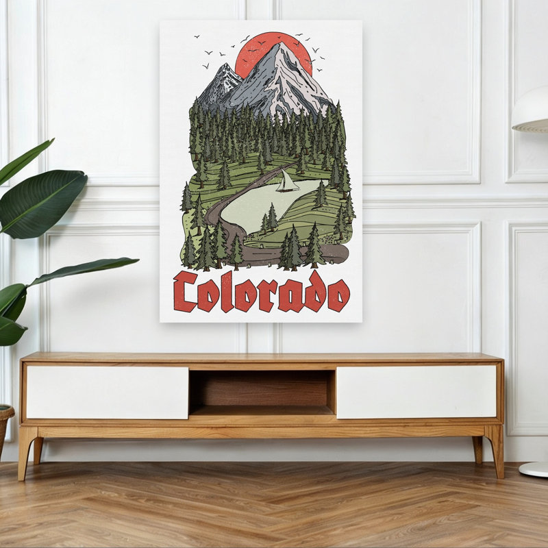 «Colorado Mountain Lake Peaceful Retro Serene Bird Pine Forest Landscape», art mural