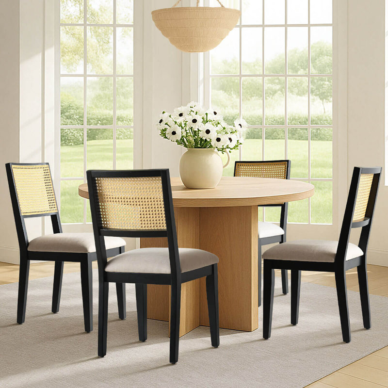 Cane Back Dining Chairs with Solid Wood Legs, Matte Black