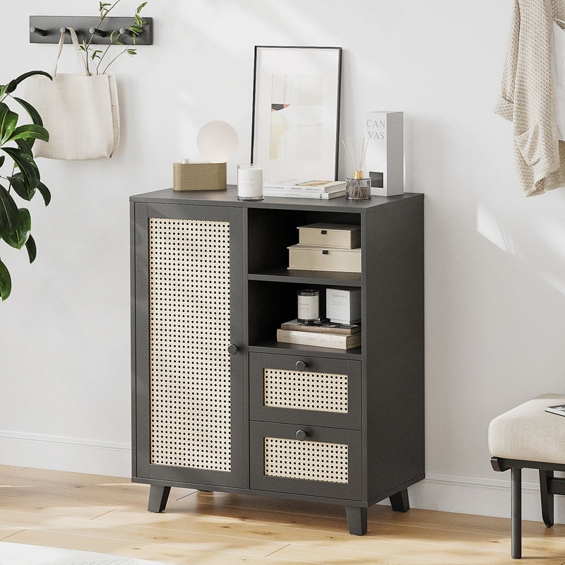 Buffet en rotin avec tablette réglable, buffet avec tiroirs pour le salon, la cuisine, le vestibule, Noir