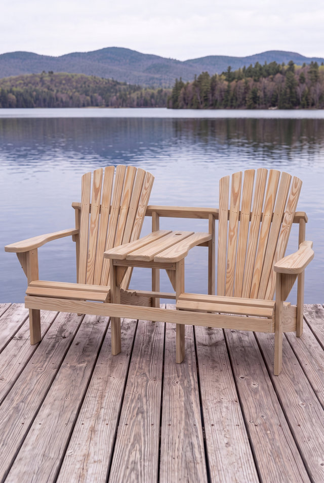 Natural wood double Adirondack chair with a built-in center table on a wooden dock overlooking a lake and mountains.