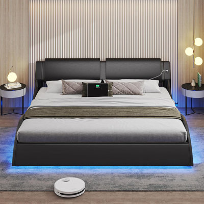 Led Bed Frame With Charging Ports And Headboard Modern Low Profile Platform Bed Frame With Led Lights Wave Like Curve Led Bed Frame,wood Slats Support -  Ivy Bronx, B6E54BAC577E43D7A434BDA1C71D0DD4