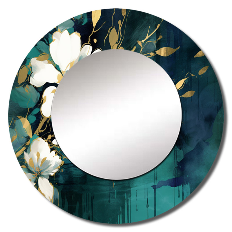 Plantes blanches sarcelle blanches dans le chaos III - miroir mural décoratif floral, miroir traditionnel, impression d'art en métal