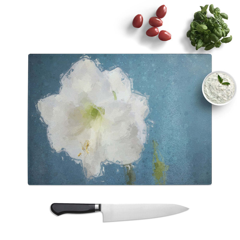Tempered Glass White Amaryllis Flower in Abstract Chopping Board, 28.5 cm W x 20 cm L