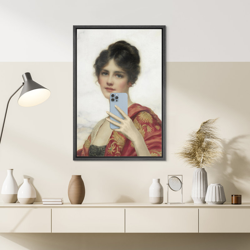 «Portrait de femme avec téléphone», Cadre flottant noir, H 36 po x l 24 po