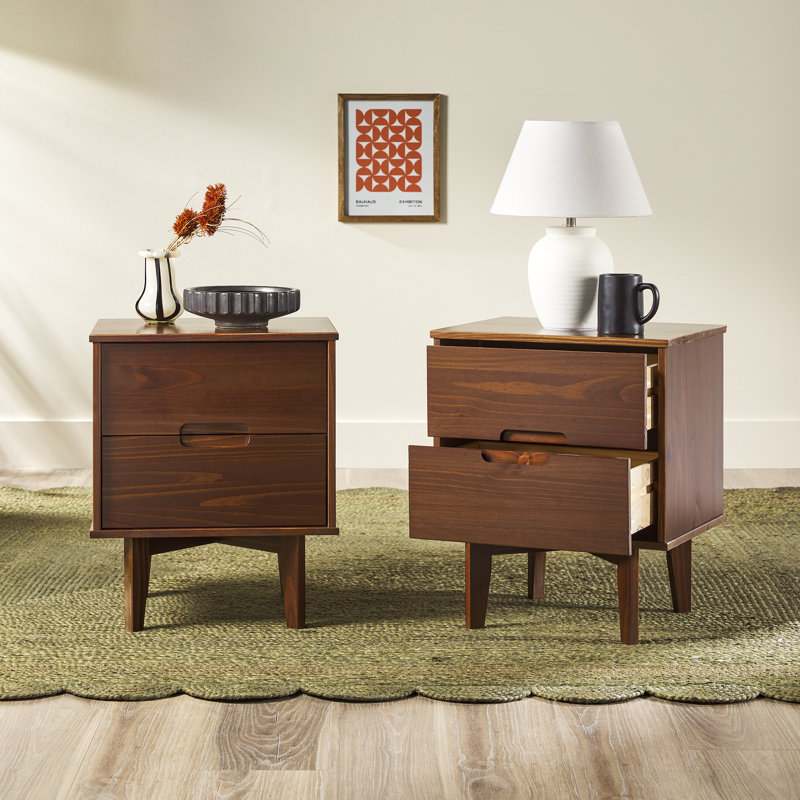 Aizlyn Mid-Century Modern Solid Wood Groove-Handle Nightstands, Walnut