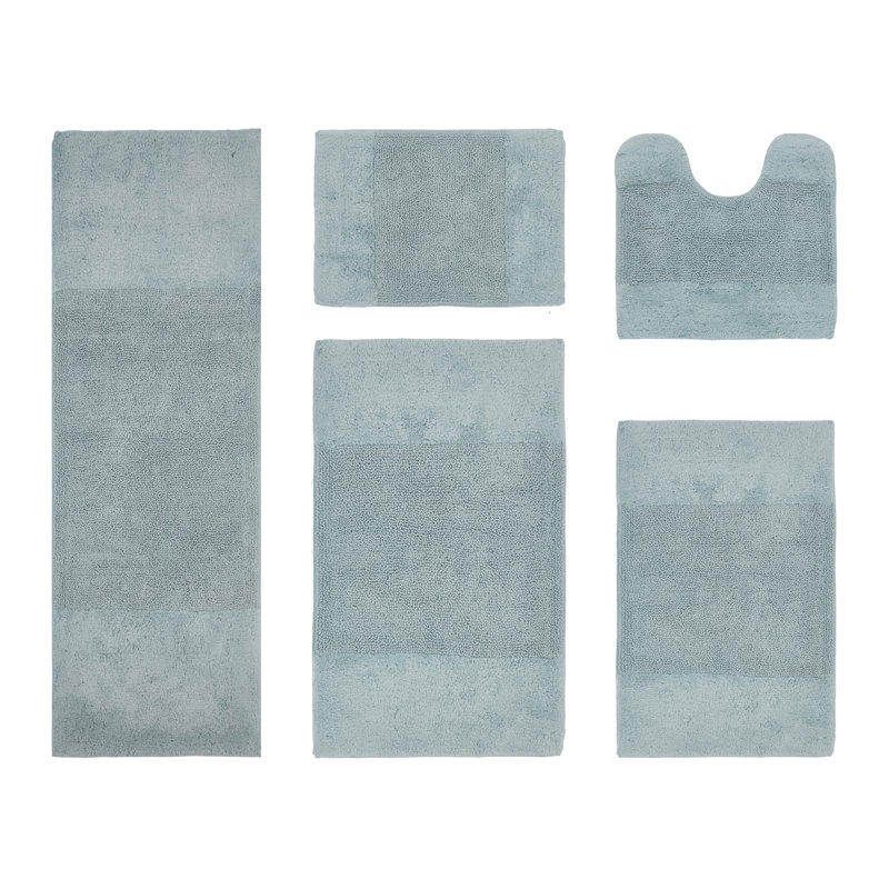 Ensemble de tapis pour salle de bain 5 pièces Makaylynn 100% coton 2155 g / m², certifié OEKO-TEX®, envers en latex antidérapant, touffeté moelleux, super absorbant et lavable à la machine pour salle de bain, douche, baignoire et meuble-lavabo, bleu