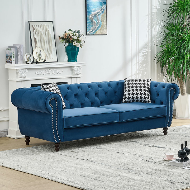 Canapé en tissu 87 po Chesterfield, H 29 po x l 87 po x P 33 po, Bleu