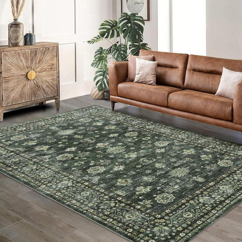 Vintage Washable Area Rug for Bedroom, Distressed Non-Slip Non-Shedding Floral Soft Throw Rugs for Living Room, Dining, Foyer