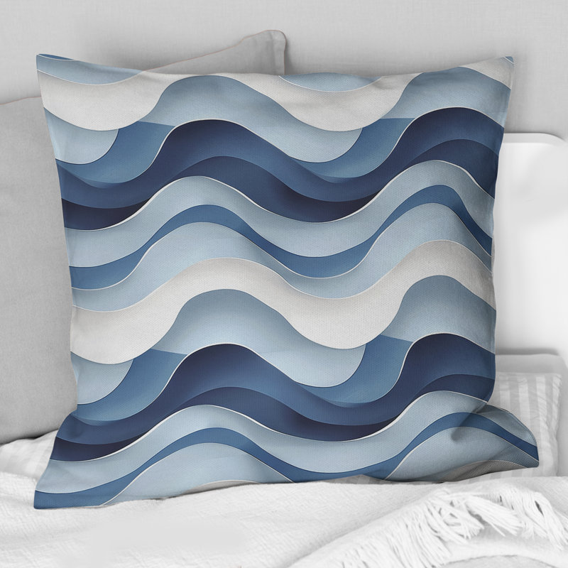 Blanc blanc bleu Modern Waves II - Coussin décoratif moderne, 16" x 16"