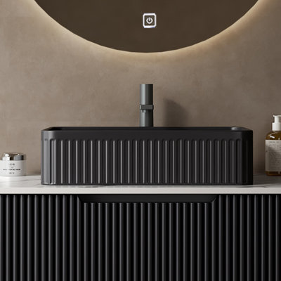 20'' Rectangular Striped Black Matte Ceramic Bathroom Basin Without Faucet, Atmospheric And Functional Design, No Cabinet High - Quality Vessel In Bathroom, Easy To Maintain Vessel,