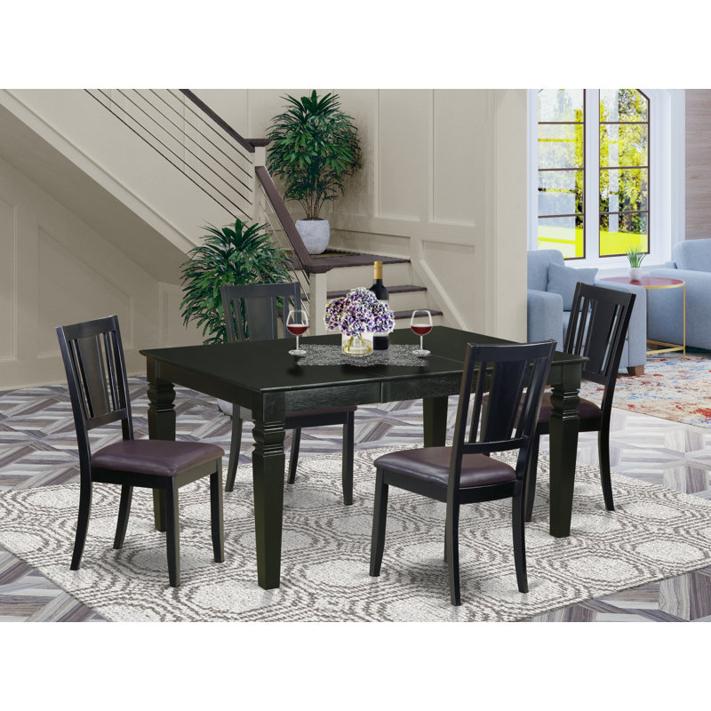 5 Piece Dinette Set for 4 Includes a Rectangle Dining Table with Butterfly Leaf and 4 Faux Leather Dining Room Chairs, Black