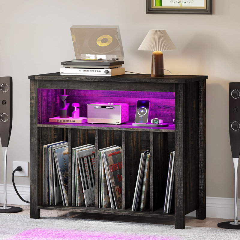 Braeson 31.6'' H Media Shelves Cabinet with LED Lights & Power Outlets, Black