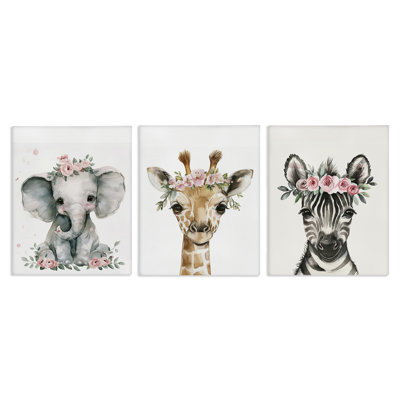"Pink Rose Jungle Animals", ensemble de 3 toiles murales par LSR Design Studio