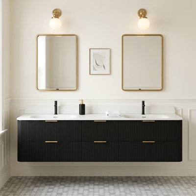 84" Fluted Freestanding Double Bathroom Vanity with Integrated Acrylic Top in Black Oak