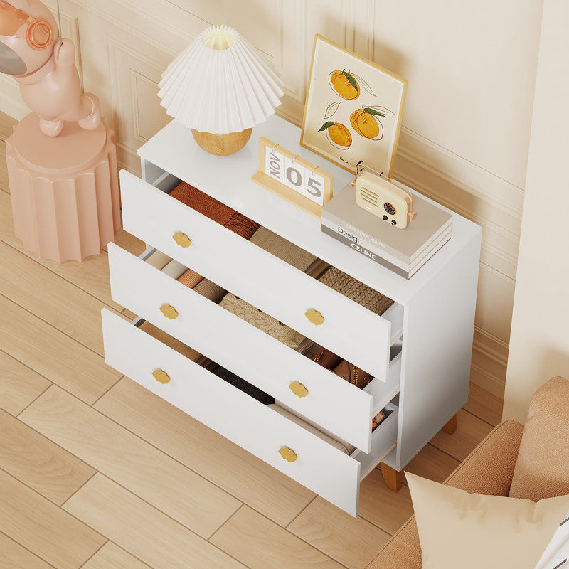 Commode pour enfants avec 3 tiroirs, poignées en bois et pieds en pin, commode en MDF pour chambre d'enfant, armoire de rangement pour chambre de bébé, blanc
