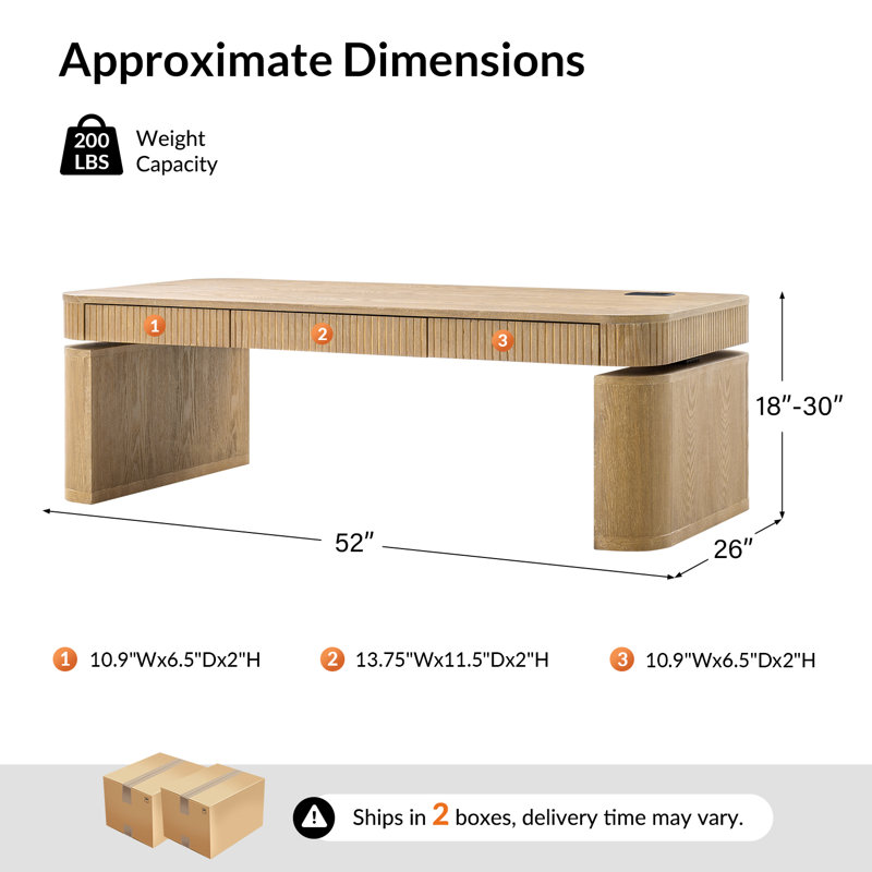Table basse à plateau relevable électrique moderne 52 po Zenobia, Chêne