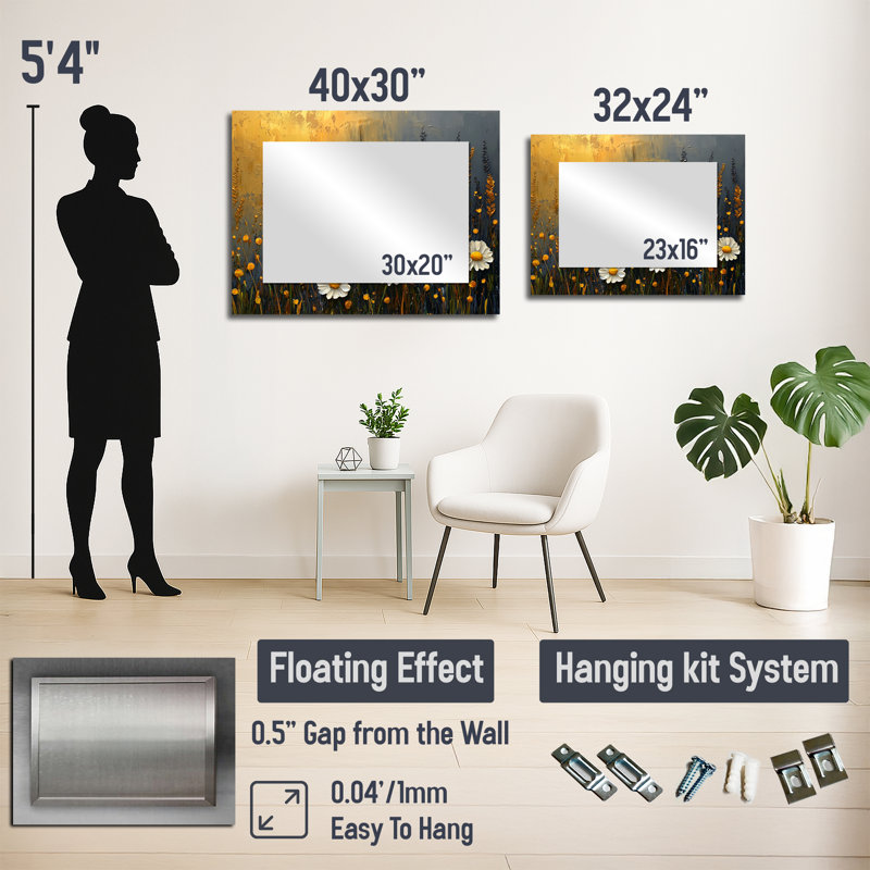 «Dark Summer Daisies Field Landscape I» - Décoration murale miroir floral - imprimé sur métal, 30 po x 40 po