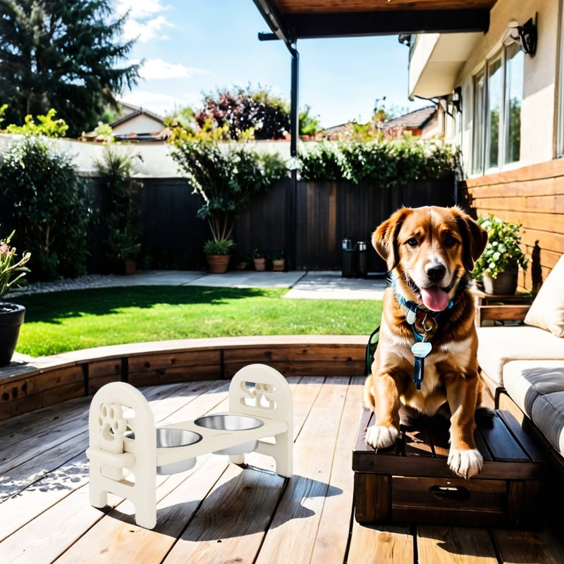 Bol d'extérieur beige pour animaux, bois recyclé, hauteur réglable, alimentation en eau portative réglable, à