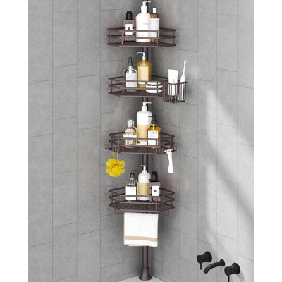 Adjustable Tension Pole Corner Shower Caddy With 4 Shelves, No Drilling Shower Organizer With Removable Accessories, Rustproof Stainless Steel Shower Storage Rack For Bathroom