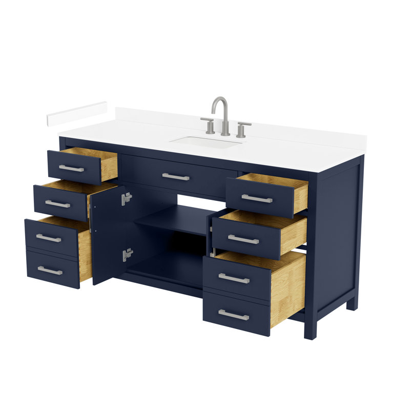 Ensemble de meuble-lavabo simple 66 po Beckett, Dark Blue with Brushed Nickel Trim, Comptoir en marbre de culture blanc