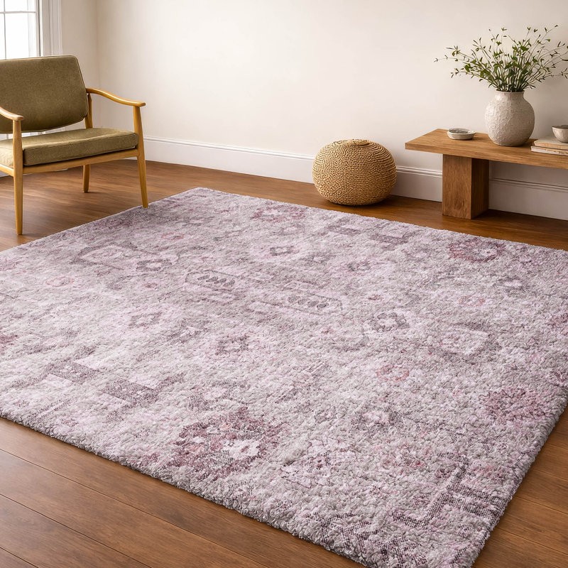 Tapis oriental à poil long de qualité supérieure lavable à la machine ADS697, Rose, 10' x 14'