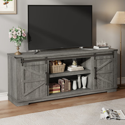 Meuble télé Farmhouse pour téléviseur de 55/65/75 po, centre de divertissement de 66 po de largeur avec rangement et portes de grange coulissantes, meuble télé avec tablette réglable pour salon, chambre à coucher, gris