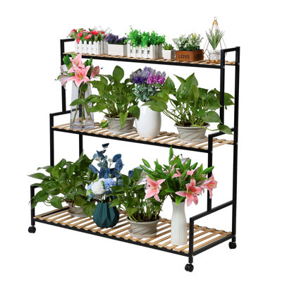 Sorana Rustic Plant Stand with Wheels, Rolling Plant Shelf Indoor Outdoor, Metal Plant Rack with Solid Wood for Multiple Plants, 3 Tier Ladder Plant Flower Shelf for Garden, Living Room, Brown
