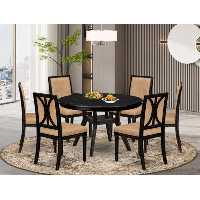 Cet ensemble de salle à manger 7 pièces se compose d'une table ronde et de 6 chaises en polyester beige à haut dossier avec finition noire sablée.