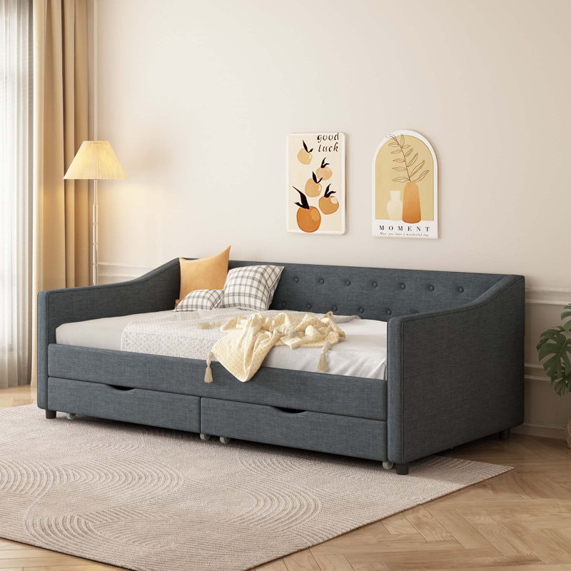Daybed with Drawers Upholstered Tufted Sofa Bed, Dark Gray