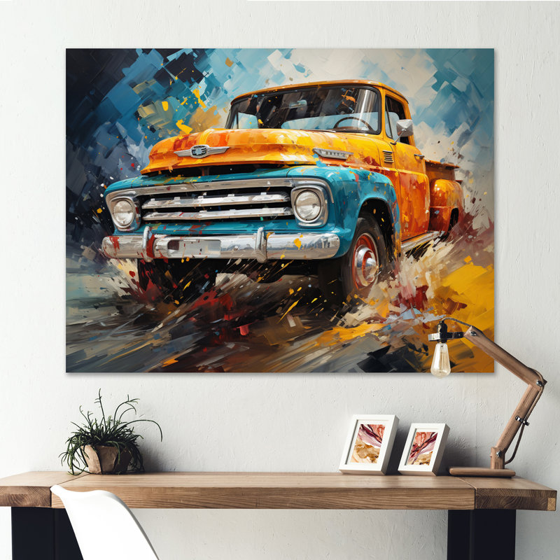 Yellow Pickup Truck Abstract Expressionism - Transportation Canvas Art Print, H 34 po x l 44 po x P 1,5 po, Toile tendue