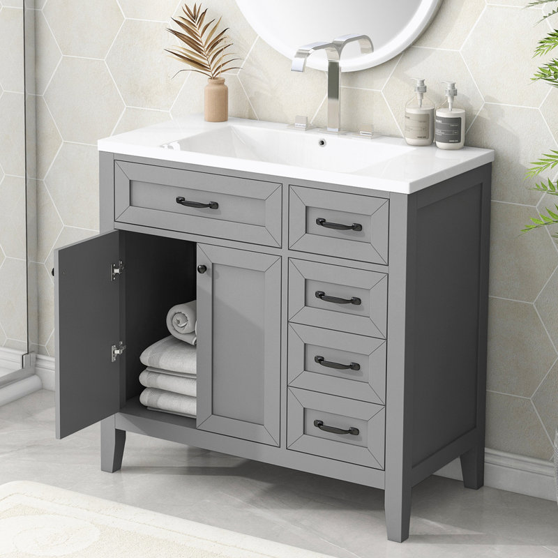 Raquez 35.98'' Free Standing Single Bathroom Vanity with Ceramic Top, Gray