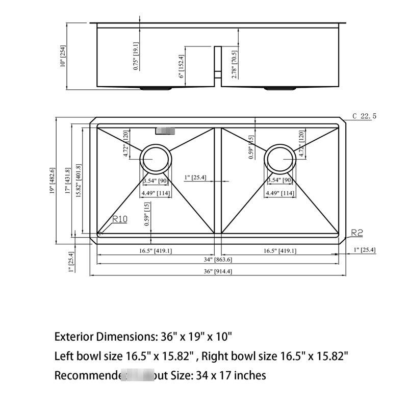 Évier de cuisine en nickel brossé à double cuve encastrable 36 po x 19 po 10 po, calibre 16 T304, évier de cuisine et grille pour vaisselle 50/50