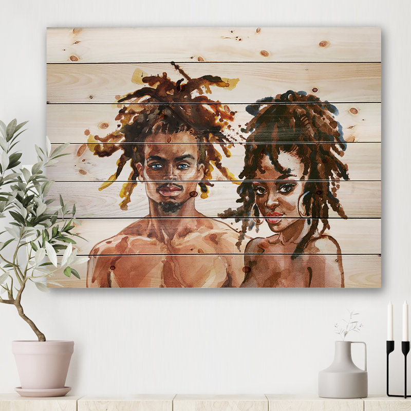 Portrait d'un couple afro-américain - impression moderne sur bois de pin naturel, H 10 po x l 20 po x P 0,78 po