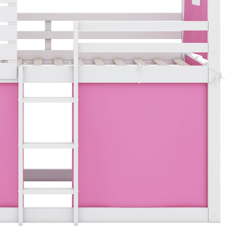 Yaraghi Bunk Wood House Bed with Tent, Twin Over Twin, Pink/White