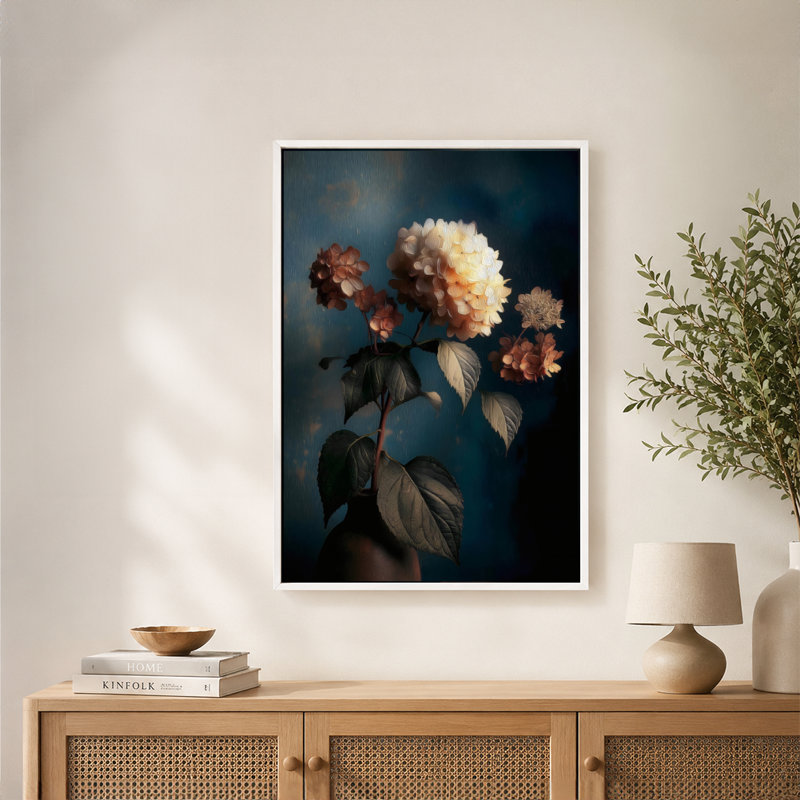 Vase d'hortensia, art mural sur toile avec cadre flottant, prêt à être suspendu, 8x12in, Gold