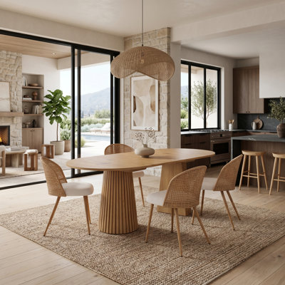 Ensemble de table de salle à manger extensible 5 pièces pour 4 personnes, table de salle à manger en bois avec dossier en rotin