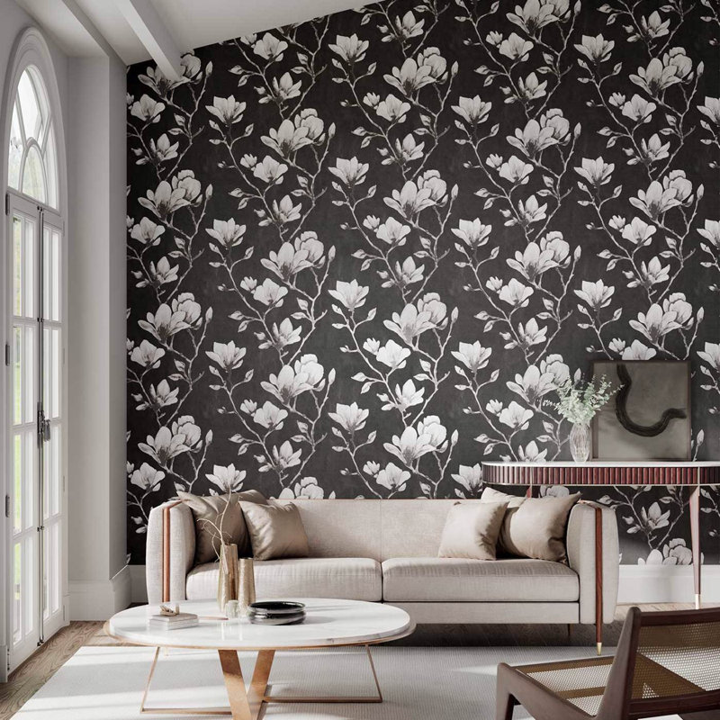 Lotus 10.05m x 68.6cm Wallpaper Roll, Onyx/Silver