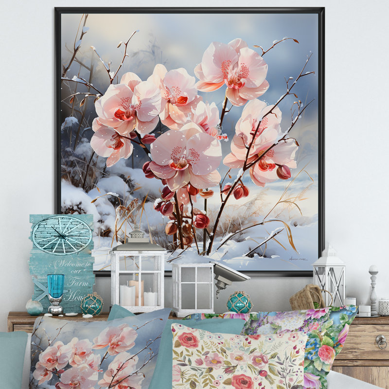 Charme d'orchidées roses en hiver, H 30 po x l 30 po x P 1 po, Cadre flottant noir
